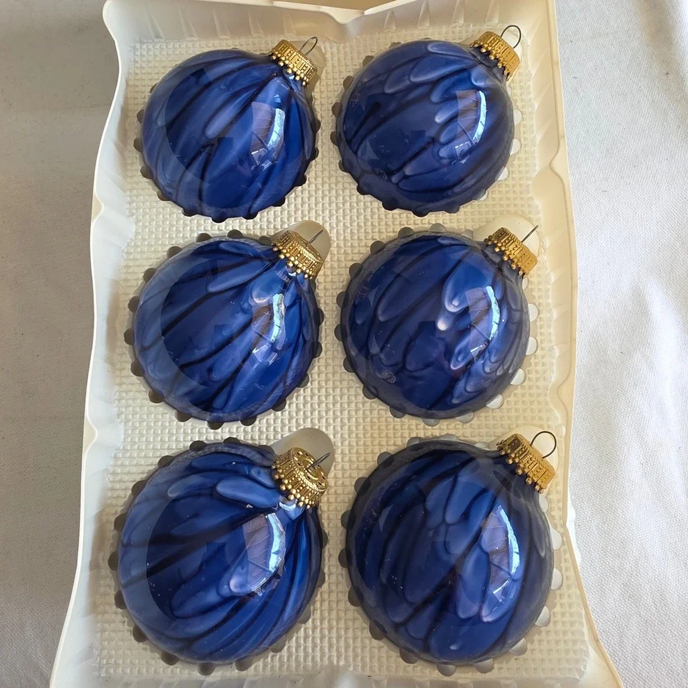 VTG Christmas by Krebs Cobalt Blue Drip Marbled Glass Ornaments Set of 6 2.5in
